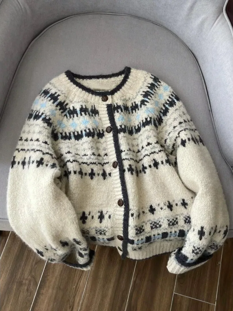 

Ele вязаный открытый кардиган женский свободный длинный свитер свека Jaet Inner Fair Isle Top для осенне-зимней моды