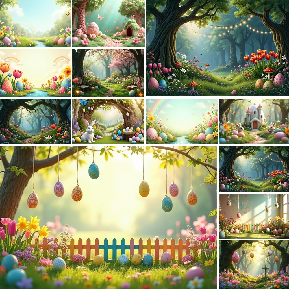 

MOON.QG Easter Green Doorway Photography Background Bunny Woven Baskets Pastel Egg Backdrop Photo Studio Photobooth Photocall