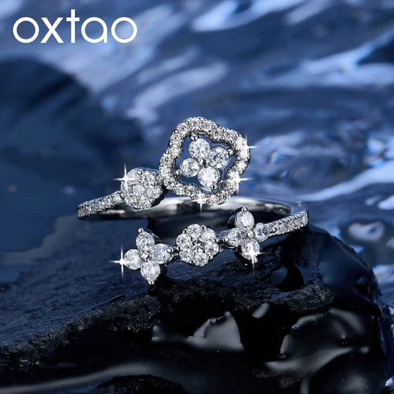 OXTAO Romantic Four Leaf Flower Moissanite Open Band Ring 14K Gold Filled Clover Star Wedding Jewelry Anniversary Gift for Women