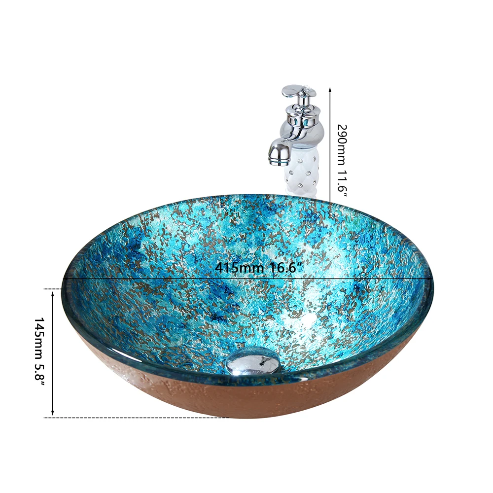 Torayvino Art Round Hand Paint Bowl Sinks / Vessel Basins Washbasin Tempered Glass Basin Sink Faucet Mixer Water Tap Combo Kit