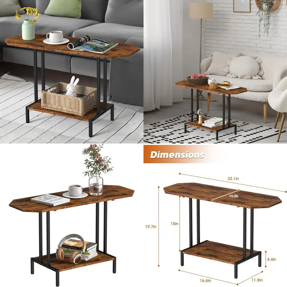 

2-Tier Wooden Rustic Coffee Table with Storage Shelf, Ideal for Living Rooms, Brown