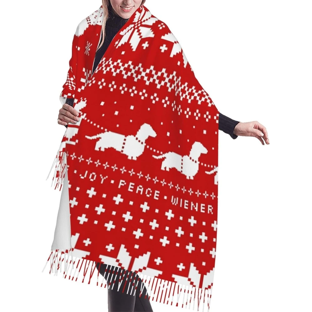 

Red Dachshunds Christmas Sweater Pattern Cashmere Fringe Scarf Autumn and Winter Silk Scarves Are Super Warm and Soft