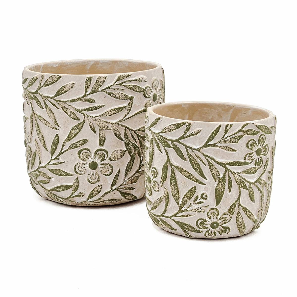 S/2 Gray Sand and Cement Planters with Etched Green Floral Motif, L:D6.7x6.3" S:D5.5x5"