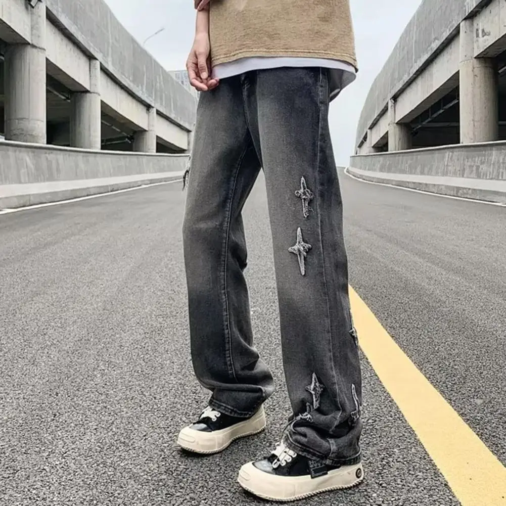 

Men Gradient Color Splicing Jeans Button Zipper Closure Jeans Gradient Color Splicing Men's Denim Pants with Distressed for Men