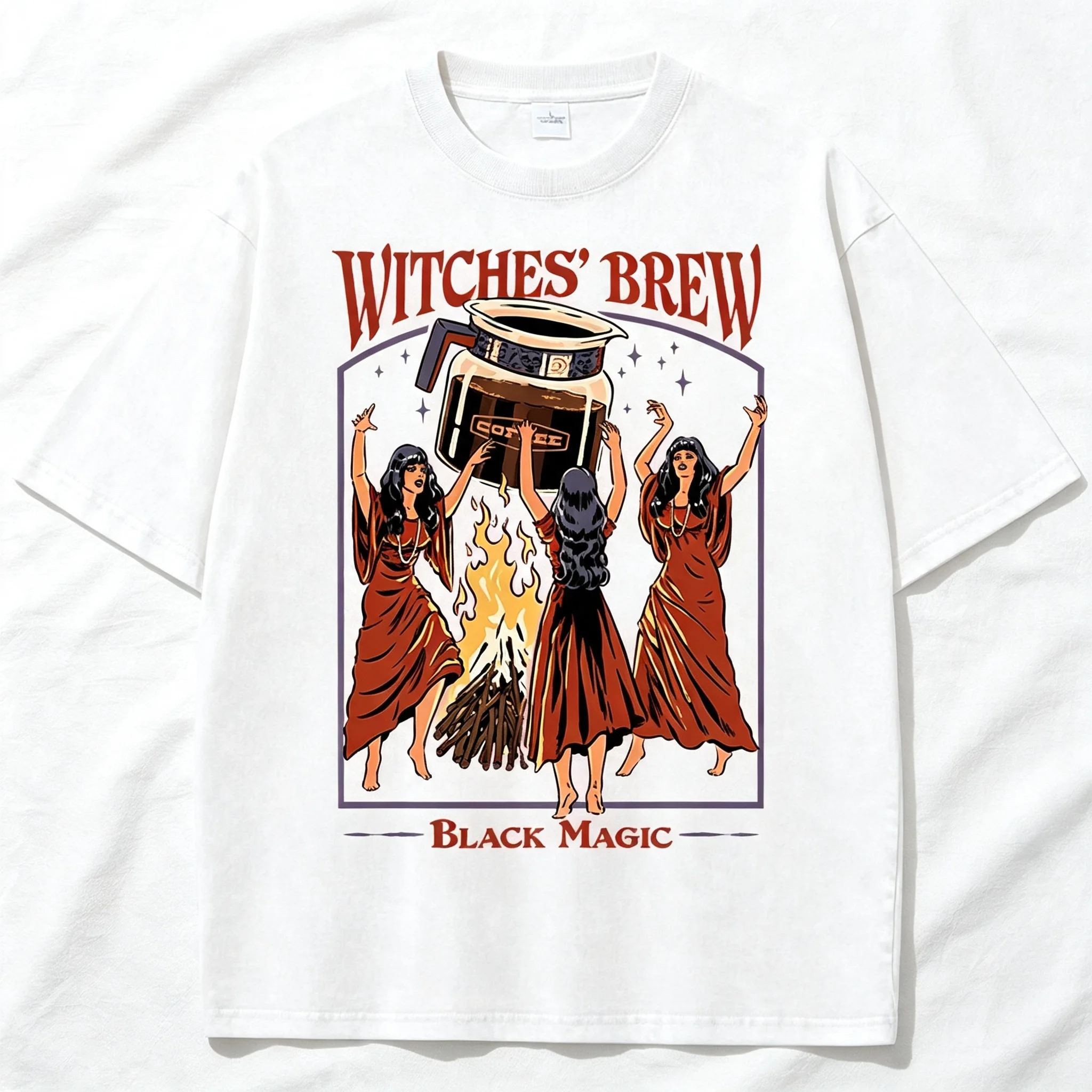Men Washed Retro Crew Neck Tee, Witches Brew Coffee Black Magic Print 100% Cotton Breathable Casual Summer Tops