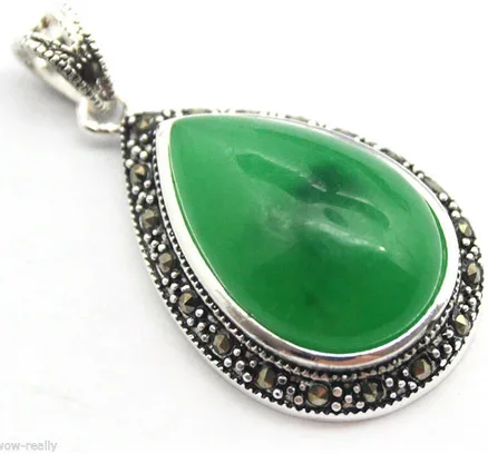 

Pretty 40X20mm Green Jades Beads MARCASITE 925 STERLING SILVER Unisex Pendant