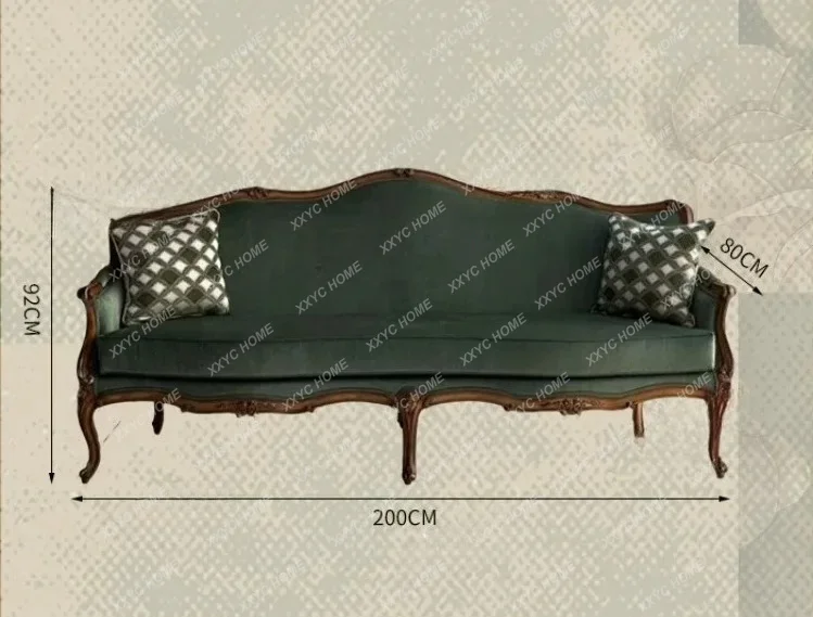 retro style solid wood sofa three-person carved sofa green fabric sofa