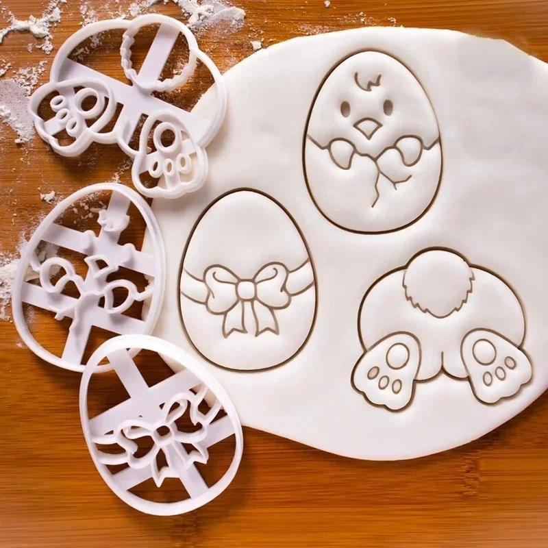 3Pcs Easter Egg Cookie Embosser Mold Cute Bunny Chick Shaped Fondant Icing Biscuit Cutting Die Set Baking Cake Decoating Tool