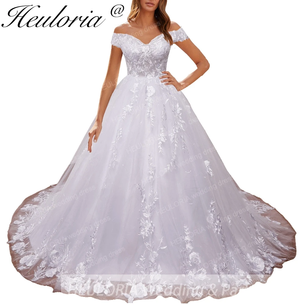 HEULORIA princess wedding dress off shoulder shinny skirt lace applique plus size white bride dress customize