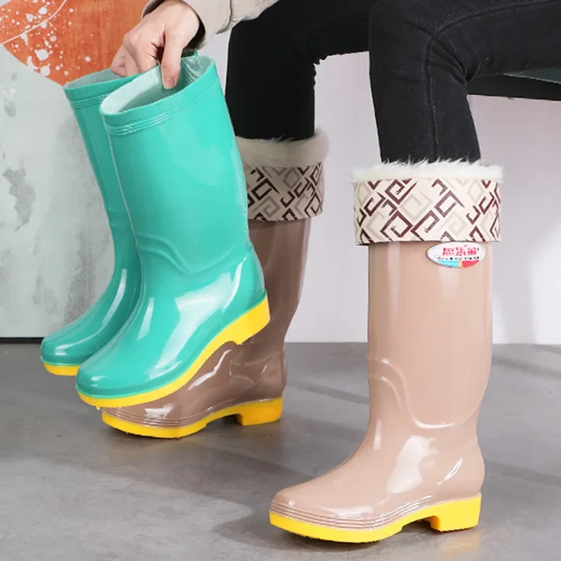 Waterproof Women's Fleece-lined High-boot Rain Shoes Pvc Leather Sole Kitchen Work Shoes Cotton Lined Long Boots Rain