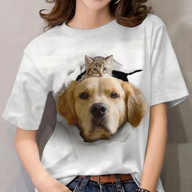 Fashion Women's T-shirts 3D Print Kawaii Cat Graphic T Shirt For Girls Summer Casual Street Short Sleeve Tee Women's Y2k Clothes