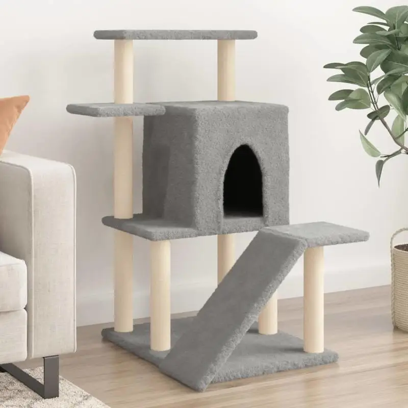 Katzenbaum mit Sisal-Kratzstämmen in Hellgrau, 97 cm, mehrstöckiges Kletter- und Ruhehaus für kleine bis mittelgroße Katzen, Indoor-Unterhaltung