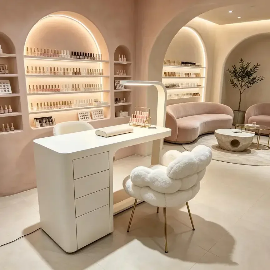 9Opening Ceremony Mira Designer Wood Curved Manicure Table With Draws For Beauty Nail Salon