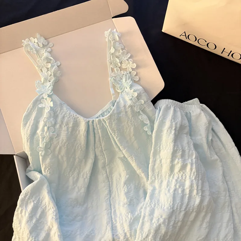 

Women's Summer New Style Sleepwear with Chest Cushion Home Suit Set, Solid Color Flower Loose Short Sleepwear Two-Piece Set