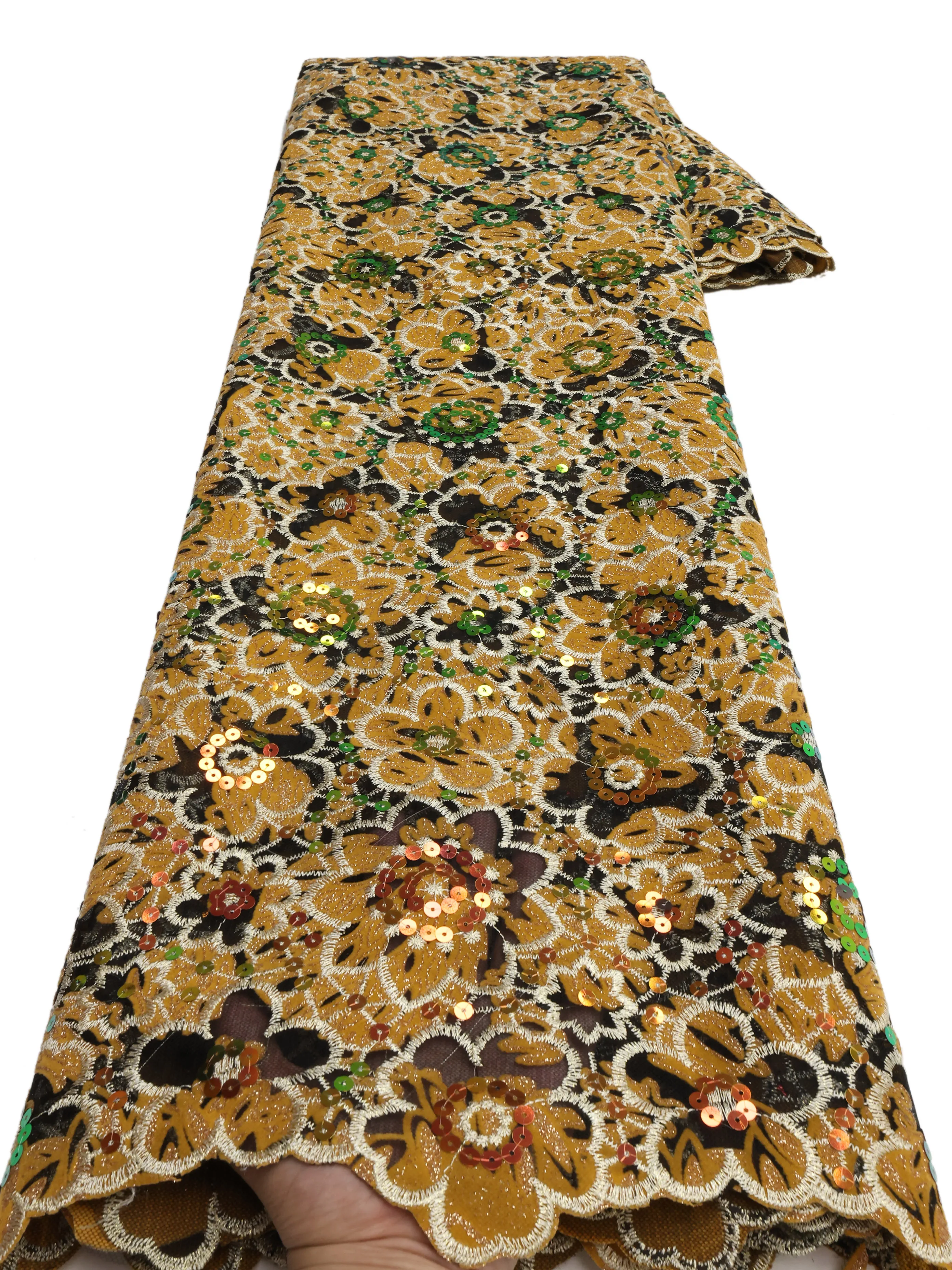 

African Shiny Sequins Flocking Lace Fabric French Latest 5 Yards High Quality Women Weddings Dresses Gold Velvet Net Material