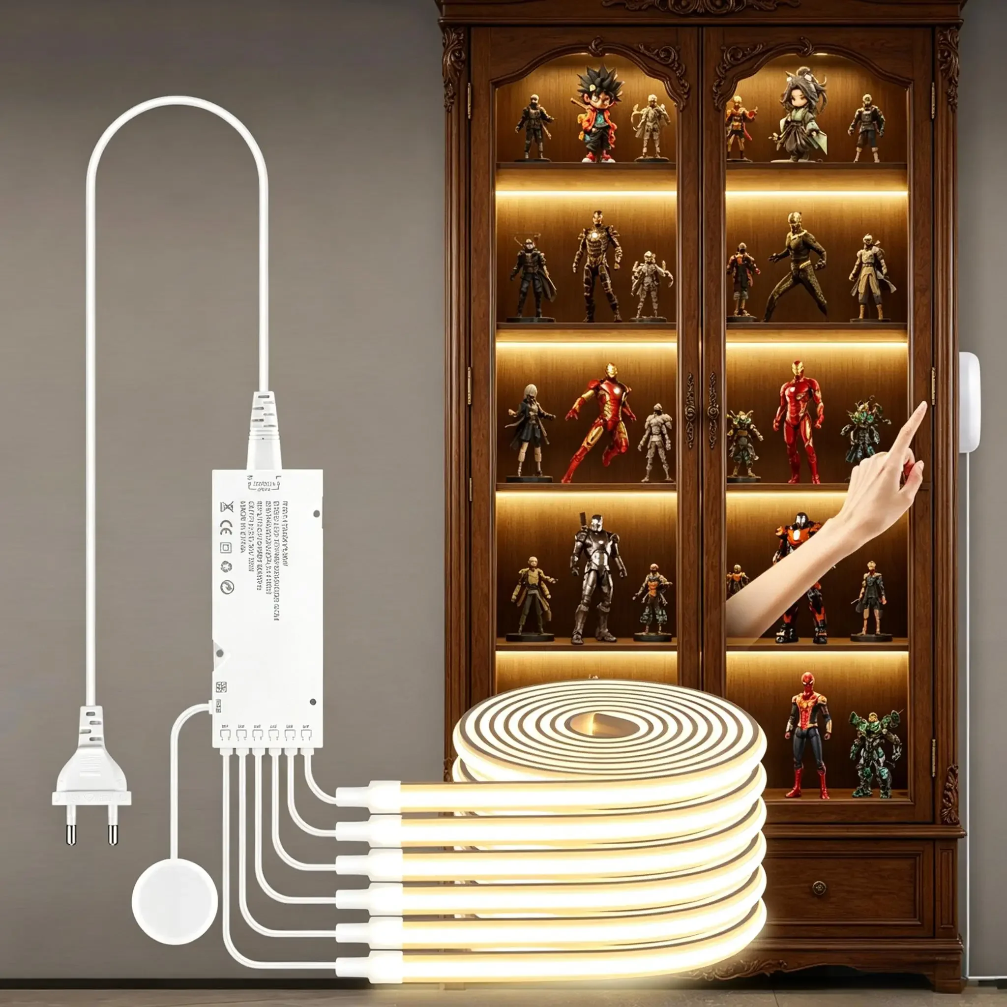 Kit de 2 à 6 bandes lumineuses LED COB néon dimmables en silicone pur avec contrôle tactile/démarrage par geste pour vitrine d'armoire