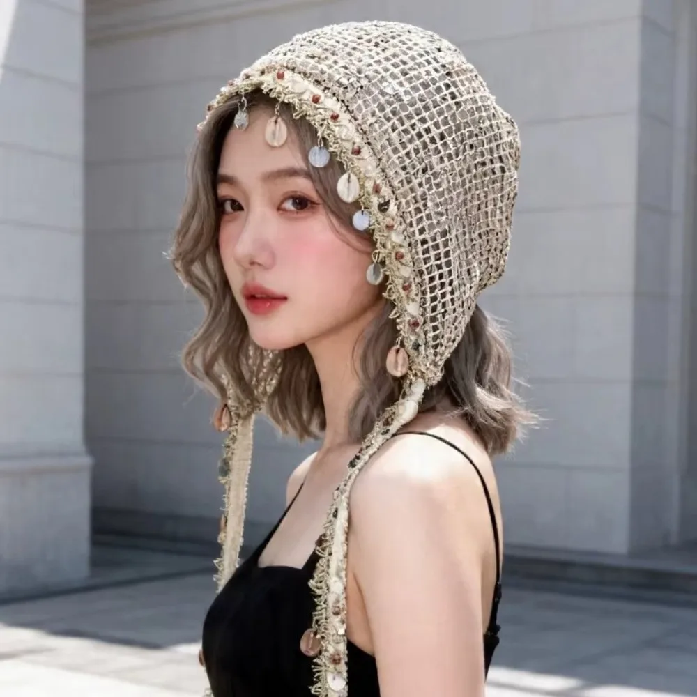 Fashion Hollow Out Mesh Beanie Cap Bohemian Shell Tassel Design Pullover Hat Breathable Cover Head Cap for Women