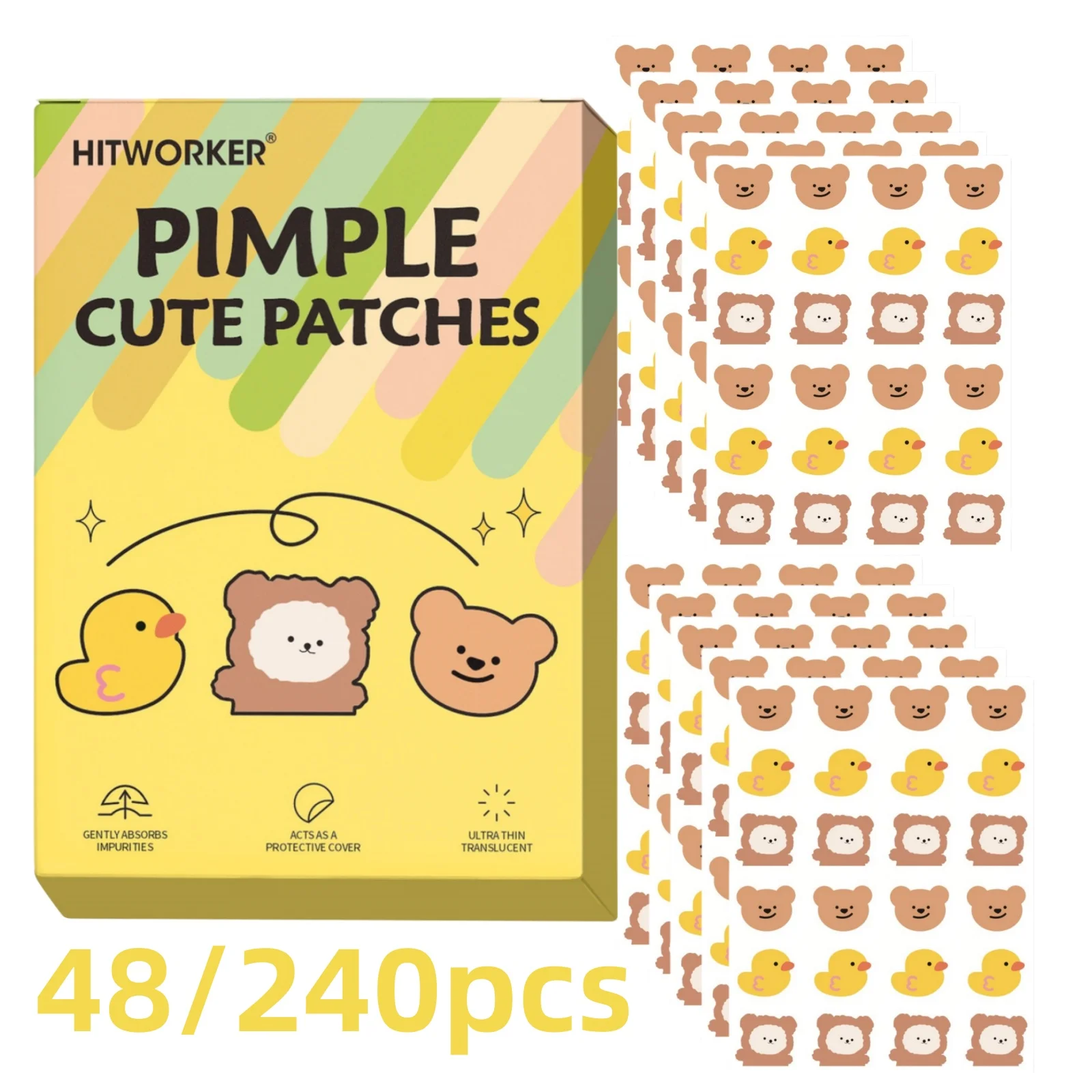 48/240 Counts, Hypoallergenic, Waterproof, Alcohol-Free Skin Patches with Cute Bear & Duck Designs. Perfect for Covering Acne