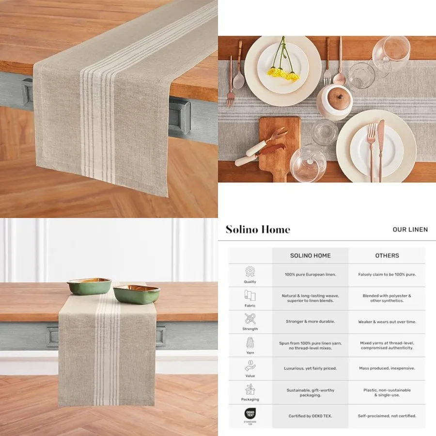 

Stripe Linen Table Runner Long - 100 Pure Linen White and Natural Farmhouse Table Runner for Dining, Sprg, Summer