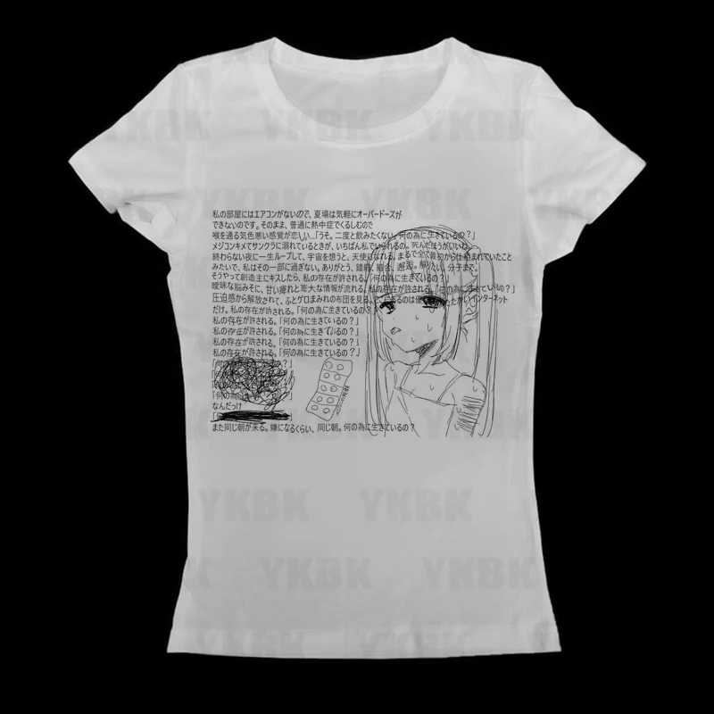 جرافيك هاراجوكو طباعة رسالة أنيمي كم طويل المرأة تي شيرت 90s الملابس خمر النساء الإناث Trashy Y2k 2000s بلايز القوطية