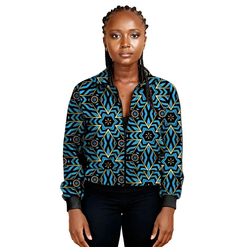 Giacca da donna con cerniera modello foglie couture africane Moda manica lunga colletto con risvolto vestibilità ampia capispalla con stampa Ankara