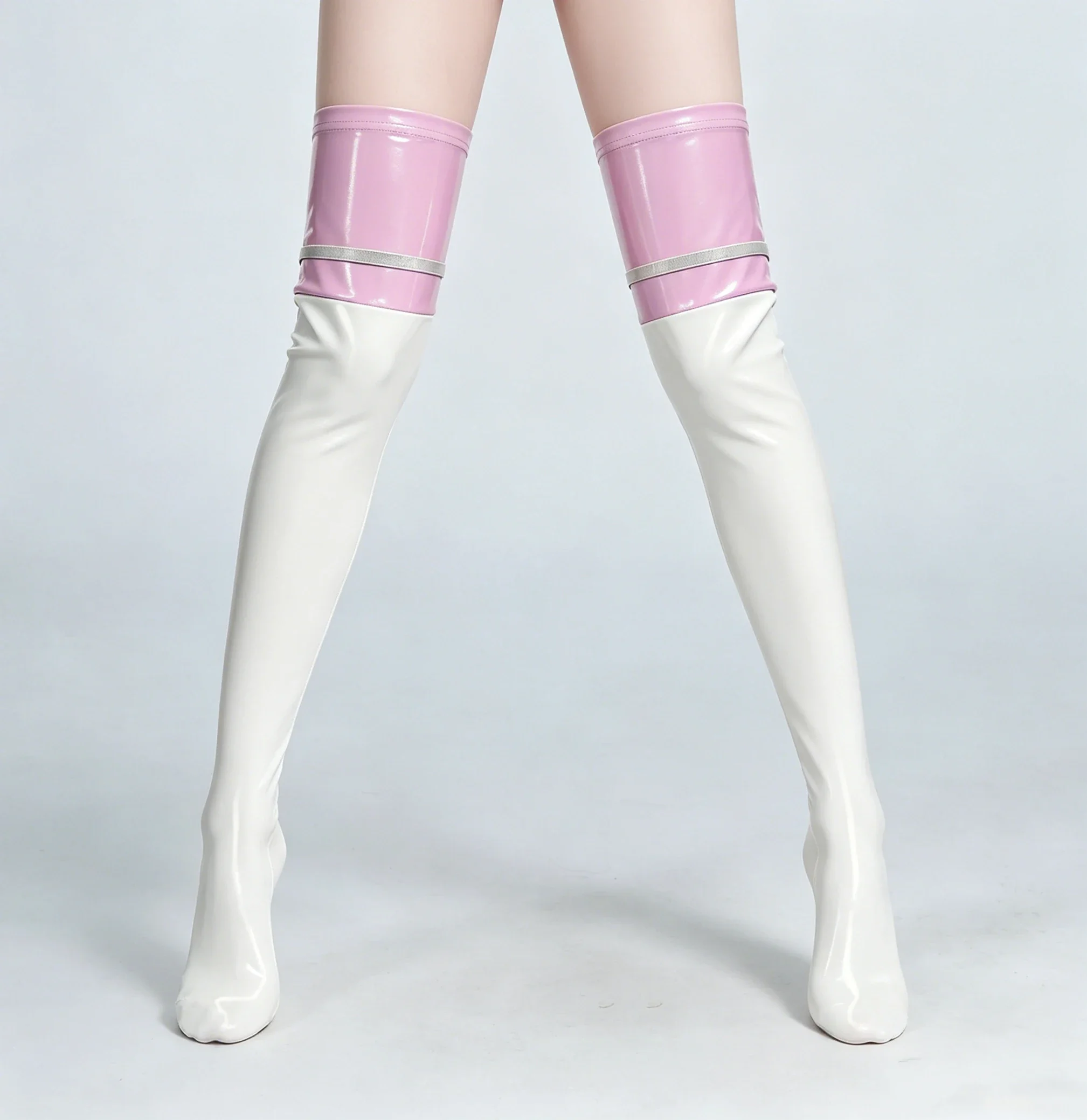 Sexy Damen Patchwork PU Overknee-Strümpfe PVC Kunstleder Club-Tanz Bühnen-Dienstmädchen-Strümpfe Motorrad-Biker Overknee-Strümpfe