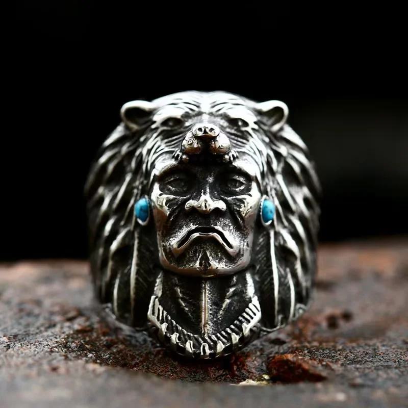 Stainless steel casting chief jewelry; new vintage titanium steel ring with turquoise inlay