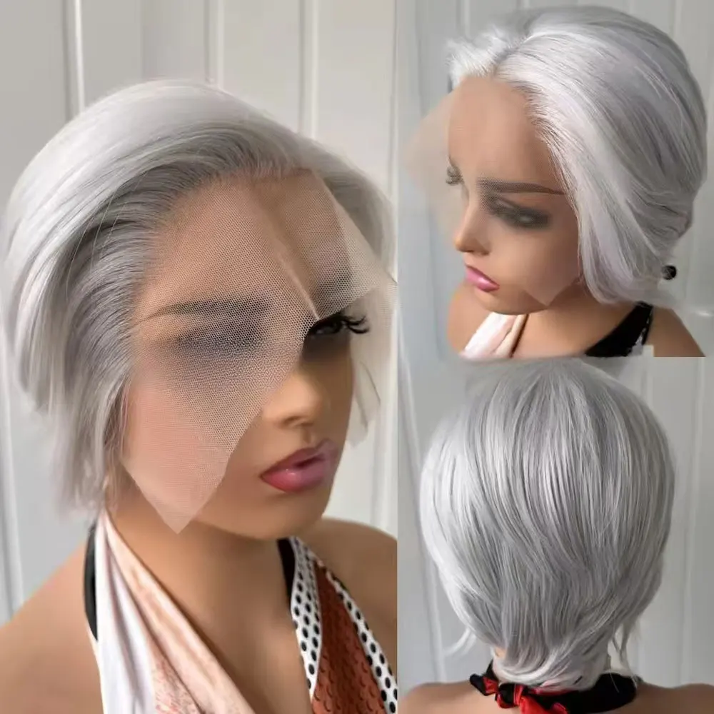 JOVIA 8Inch Pixie Cut Short Bob Wig Silver Grey Synthetic Lace Front Gluless Layered Straight Hair Wigs for Women  Cosplay Daily