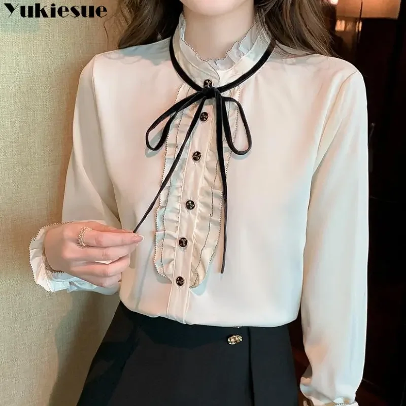 

Spring Summer Korean Long Sleeved Shirt Lace-Up Chic Bow Fungus Edge Sleeve Bow Women Blouses Vintage Casual Tops Chiffon Blouse