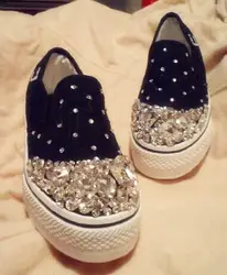 Rhinestone Glass Big Jewel Canvas Shoes Sweet Fan Slip-on Shoes