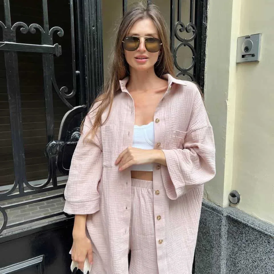 Lässige Eleganz, offene Strickjacke, Oberteil mit Knöpfen und Orts-Set, langes Sve Ne-Zweiteiler-Set, Sommer-Faion-Damen-Ensemble