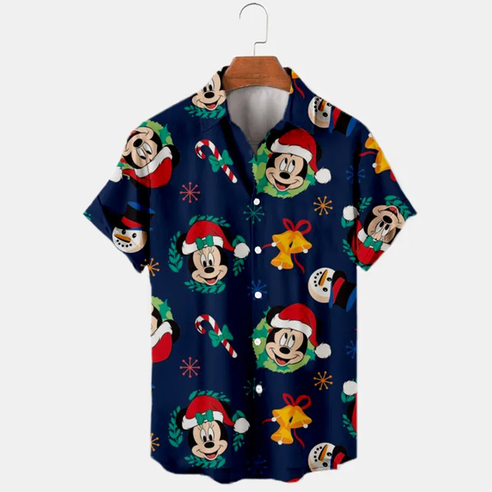 2022 New Christmas Disney Brand Stitch and Mickey Anime 3D Printed Men\'s Lapel Short Sleeve Shirt Harajuku Style Slim Top Y2K