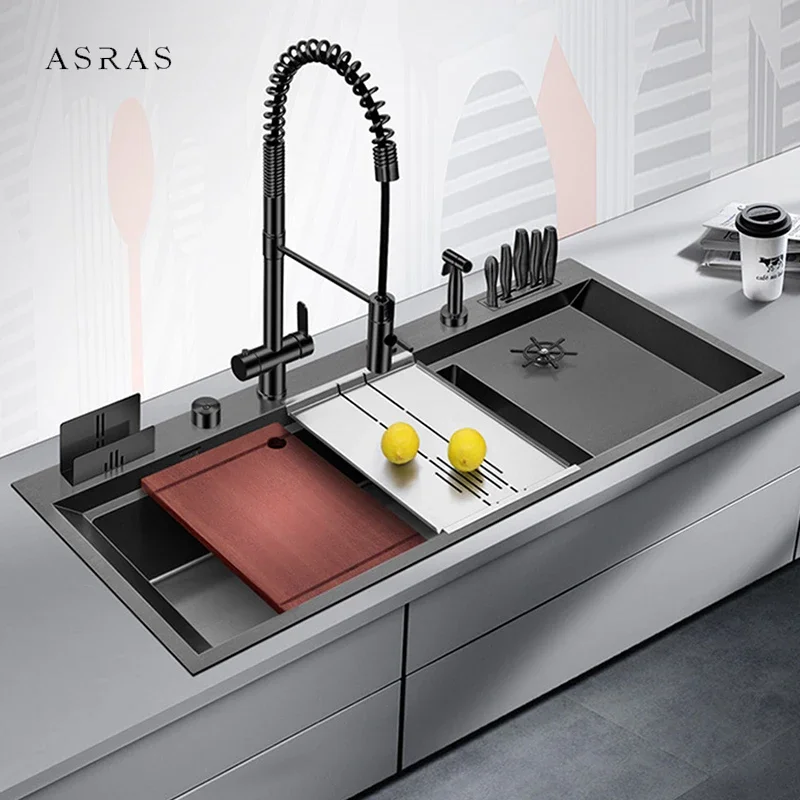 ASRAS New Nanometer Large Size Single Cup Rinser Kitchen Sink 4mm Thickness 220mm Depth With Drain Plate Knife Holder Sinks