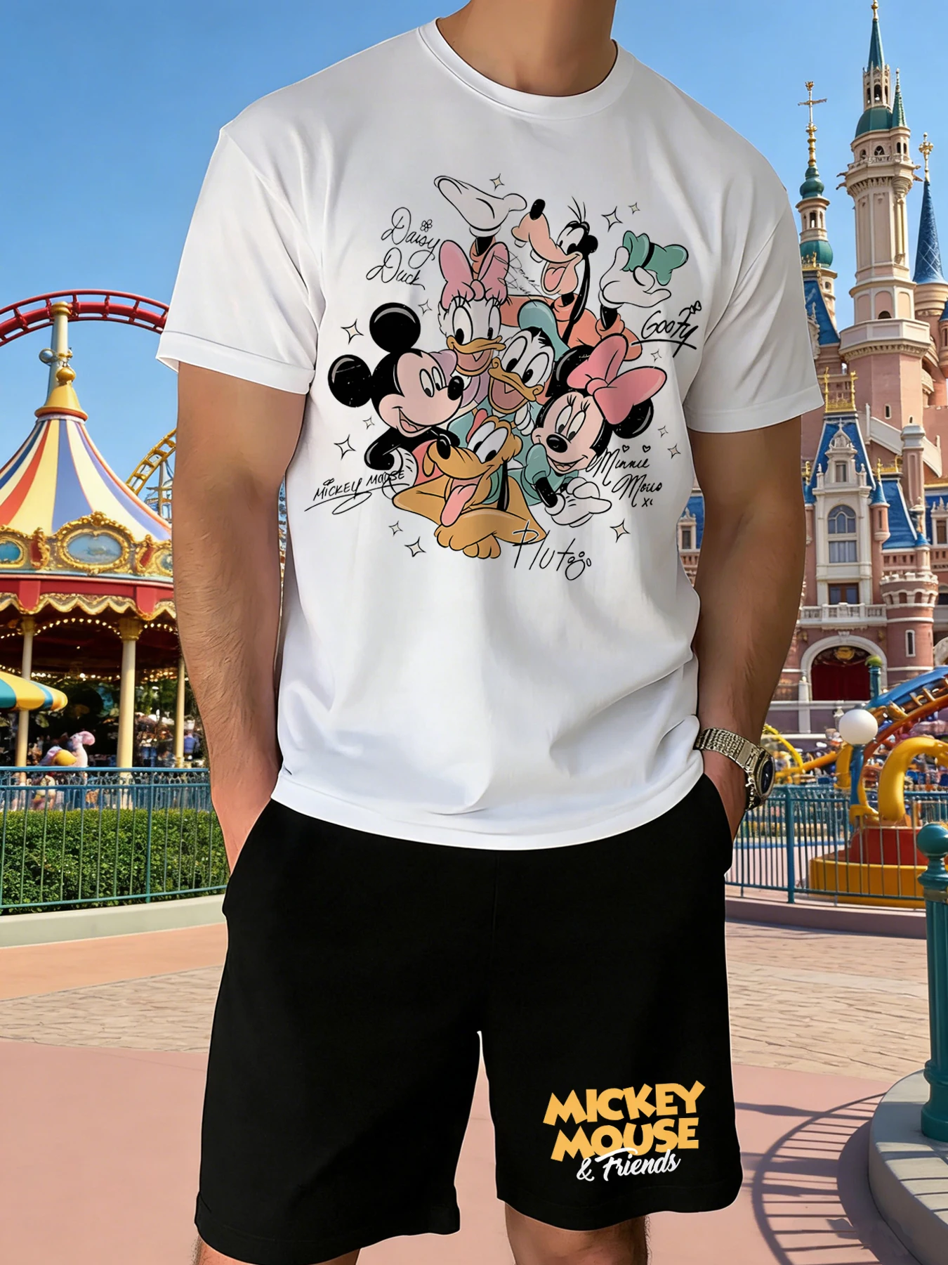 

2-Piece Mickey Mouse Print Men's T-Shirt and Shorts Set Summer Casual Cute Cartoon Short-Sleeve Top Men's Y2K Fashion T-Shirt