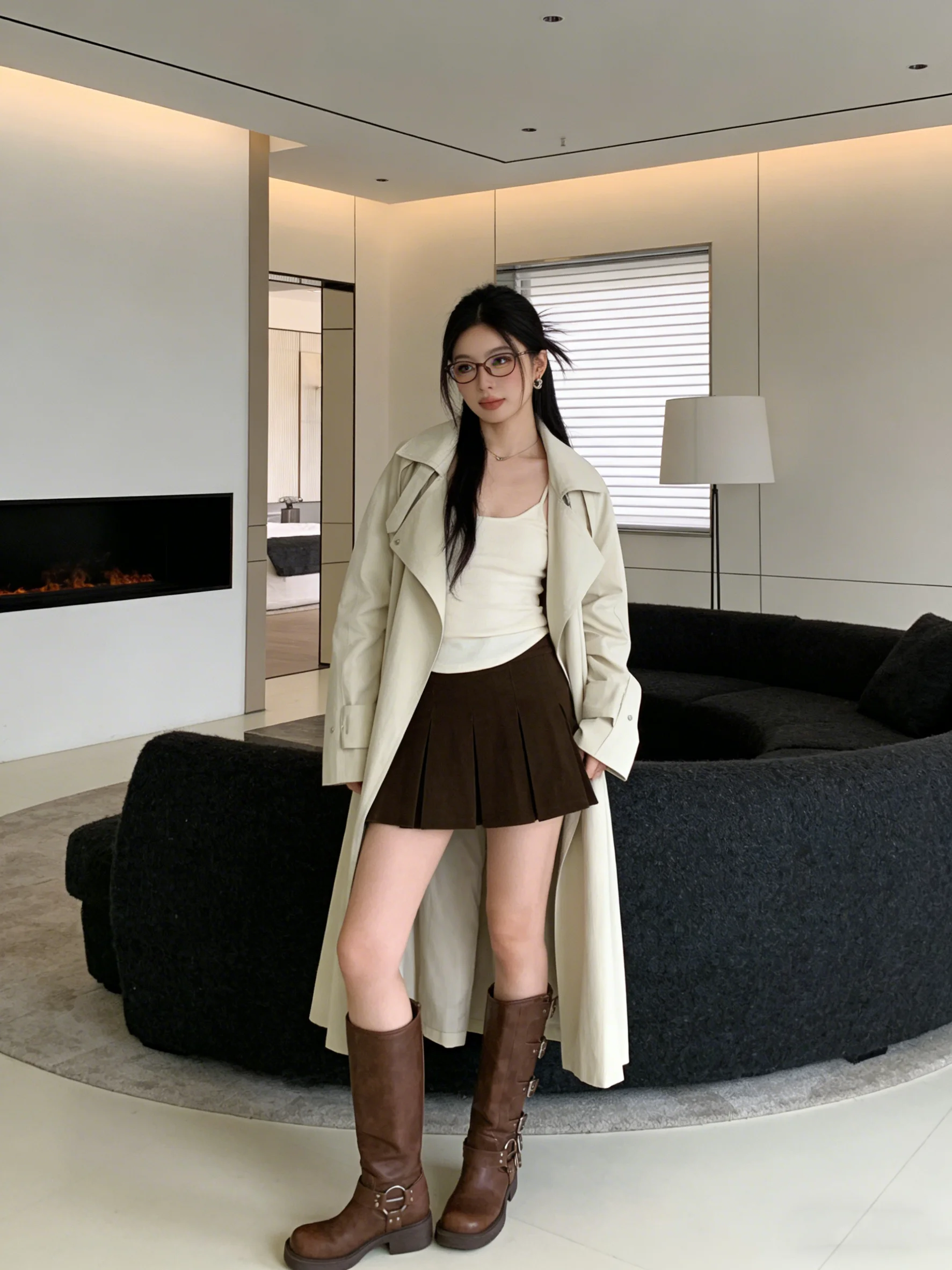 

Hebe Style Long Coat Early Spring New English Style Belted Waist Slim Stand Collar Korean Version Coat Women's Fashion Outerwear
