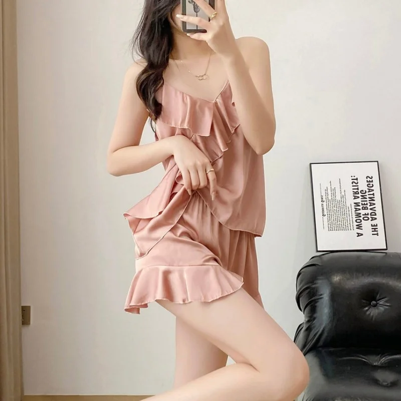 Lisacmvpnel Summer New With Chest Pad Design Women Pajamas Sling Shorts Suit Ice Silk Sleepwear