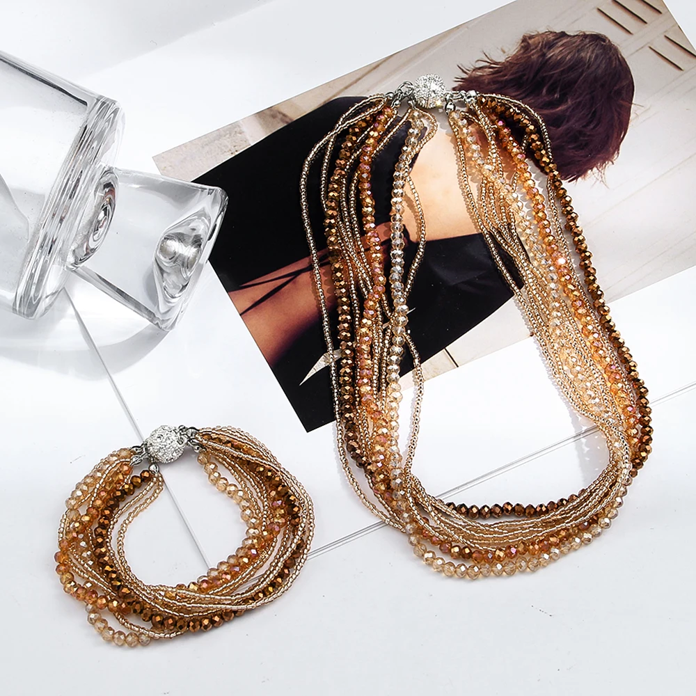 

New Bohemian jewelry set multilayer beige glass silvery magnetic clasp necklace bracelet set