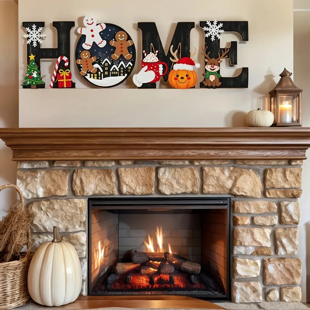 2D Colours HOME Letter Wooden Christmas Wall Hanging Decor Festive Season Ornaments for Villa Farmhouse New Year Porch Decora