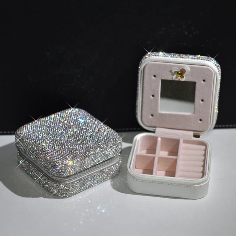 

Creative Crystal Diamond Mini Cosmetic Case With Mirror Portable Cosmetic Case Leather Storage Jewelry Earring Organizer