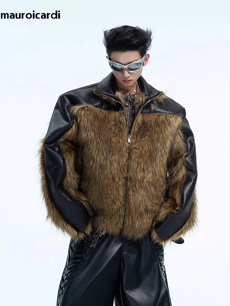 Mauroicardi Autumn Winter Short Snakeskin Leather Patchwork Faux Fur Coat Men Stand Collar Zip Up Thick Warm Fluffy Jacket 2024