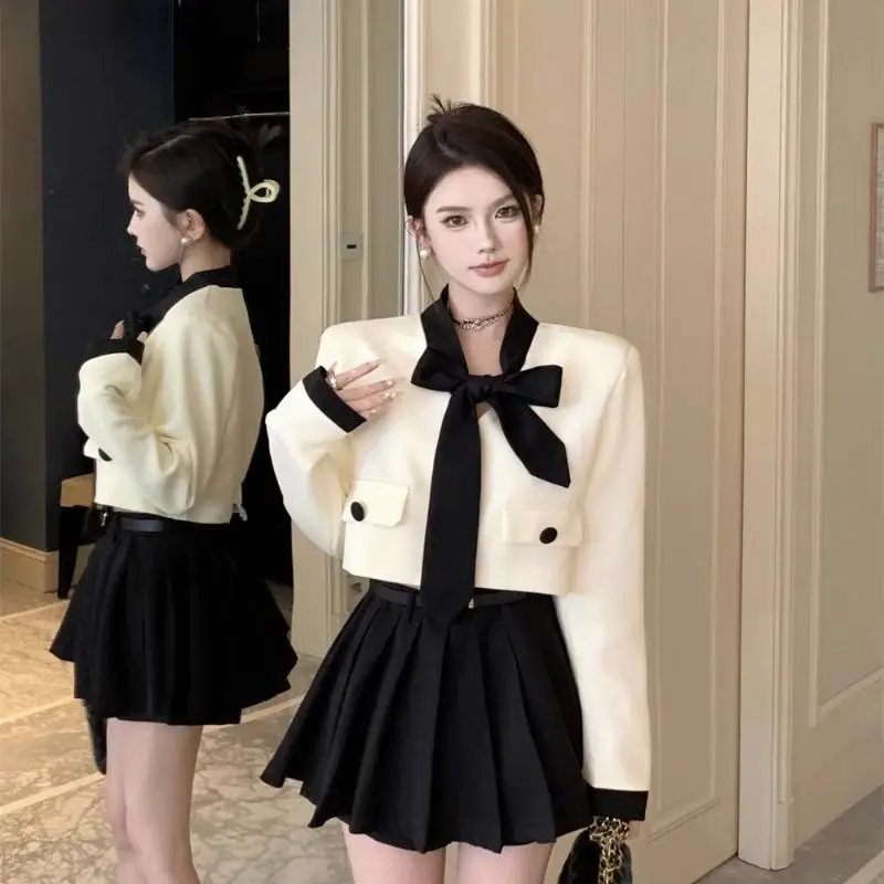 2024 Temperament Cropped Blazers Bow Tops Retro Slim Black Cake Skirts Beach Outfits for Women Chic Jacket Korean Style