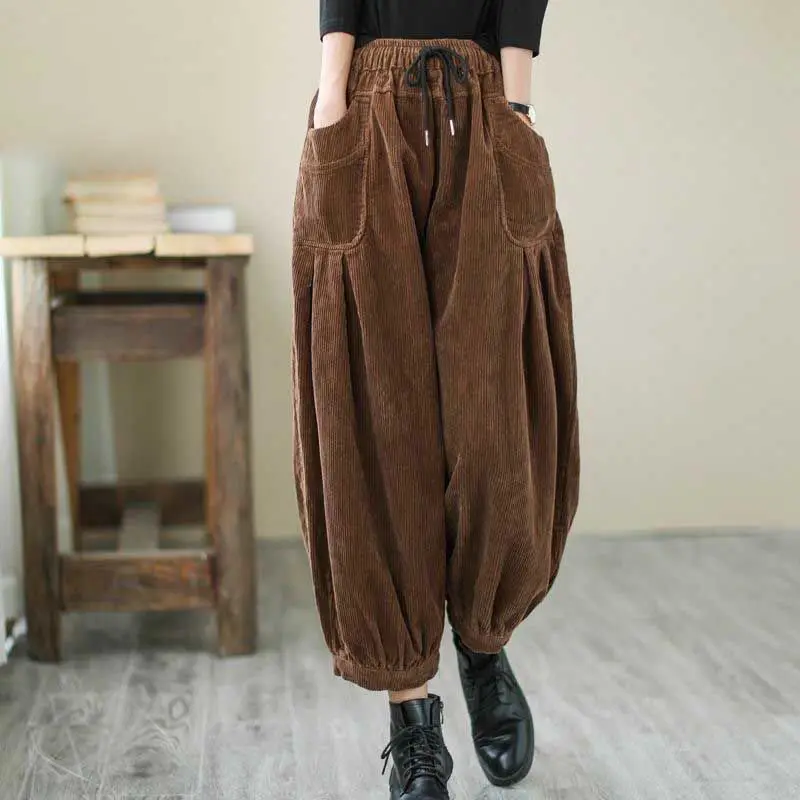 

2023 New Arrival Autumn Women Pockets Patchwork Ankle-length Pants Casual Loose Cotton Corduroy Elastic Waist Harem Pants P629