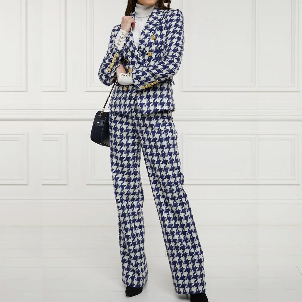 

Luxury Double Breasted Women Suits Blazer Peak Lapel Houndstooth Outerwear Elegant Female 2 Piece Jacket Pants Sets Clothing
