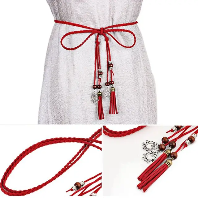 Accesorios finos para vestido, estilo bohemio chino, nudo decorado, cadena de cintura, cuerda trenzada, cinturones con borlas