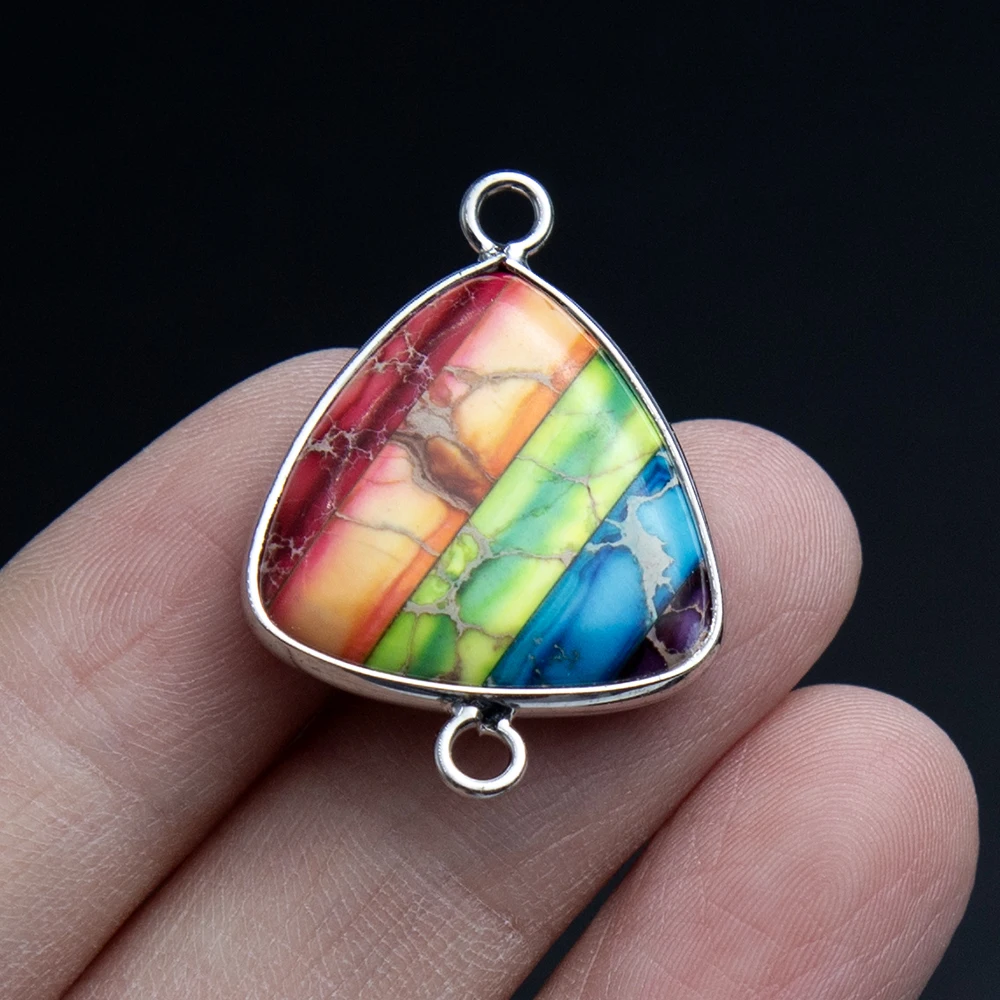 

22x30mm Multicolored Gemstone Imperial Jasper Triangle Shaped Connector Double Hole Gold Edged DIY Making Necklace Earrings