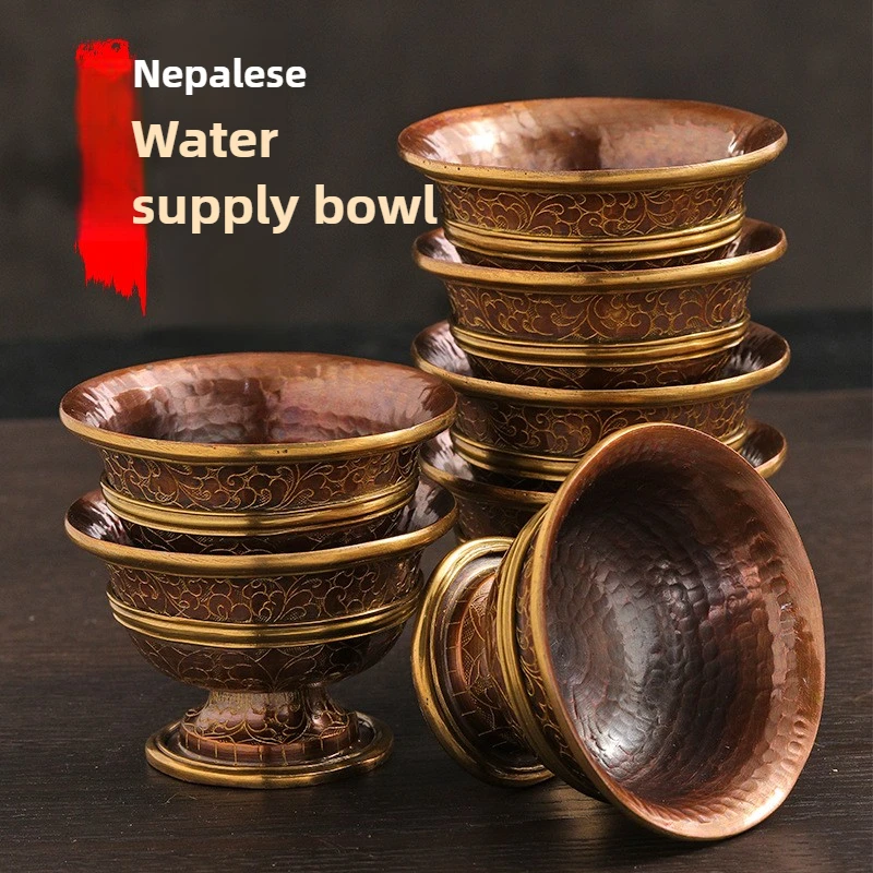 Handmade Nepal Copper Gold Plated Engraved Water Offering Bowl High Foot Cup Pure Water Vessel