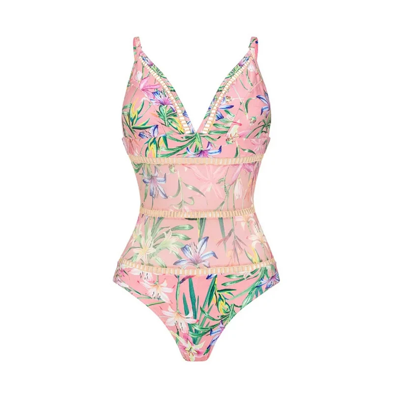 One Piece Swimsuit Women‘’s Ruffle Swimwear V-Neck Mesh Patchwork Printed Swimsuit Set Female Bathing Suit Beach Vacation Dress