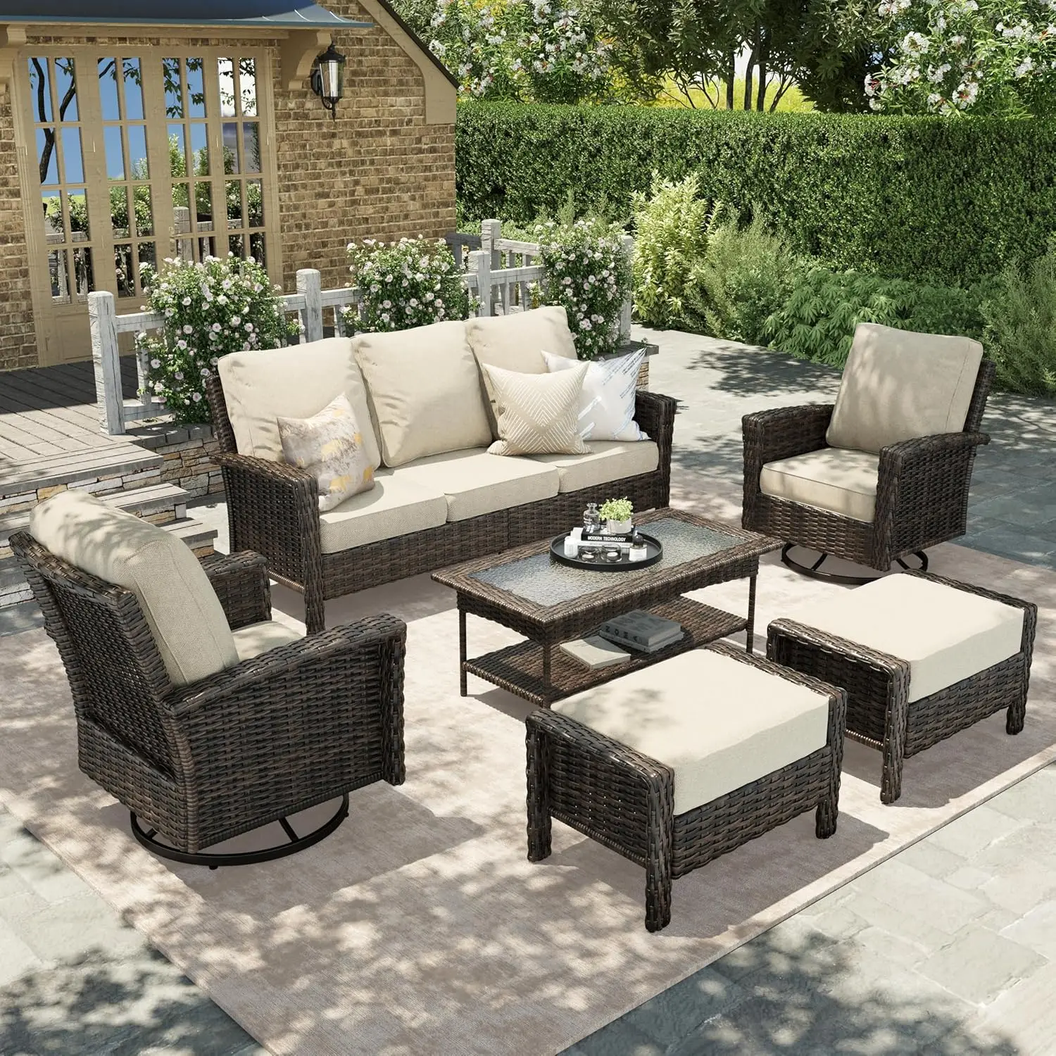 

35in Swivel Patio Set Outdoor Wicker Sofa 5.5in Cushion Deck Lawn Backyard, Customized