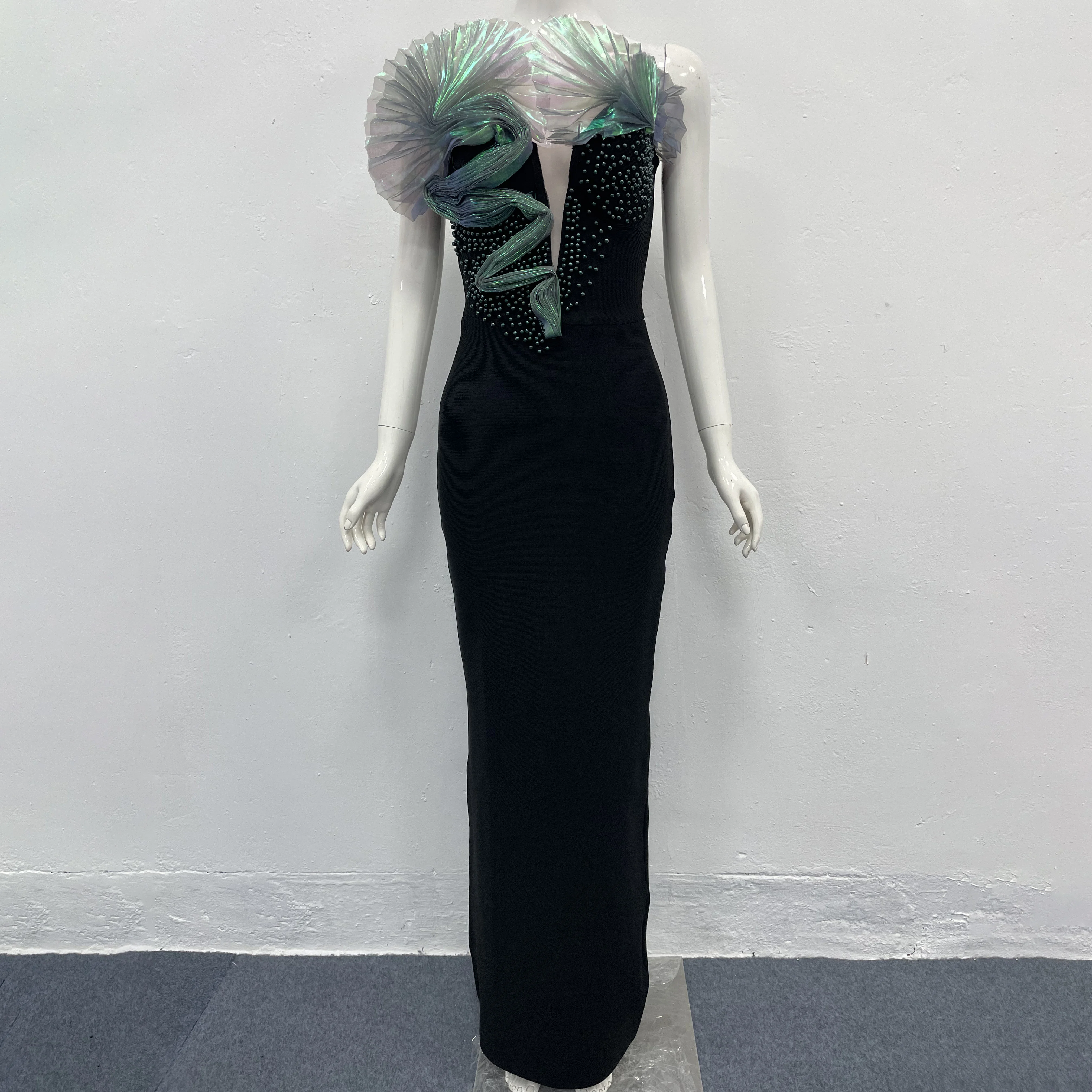 

Women Elegant Black Beads Patchwork Sexy Backless Bodycon Bandaged Long Dress Celebrity Evening Party Birthday Dress For Woman
