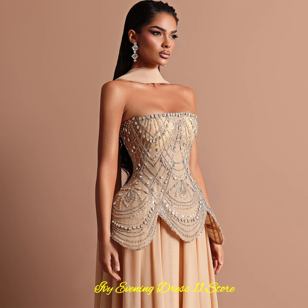 Customized Strapless Chiffon Evening Dress Formal Watteau Train Prom Gowns Exquisite Crystal Beading Celebrity Dresses